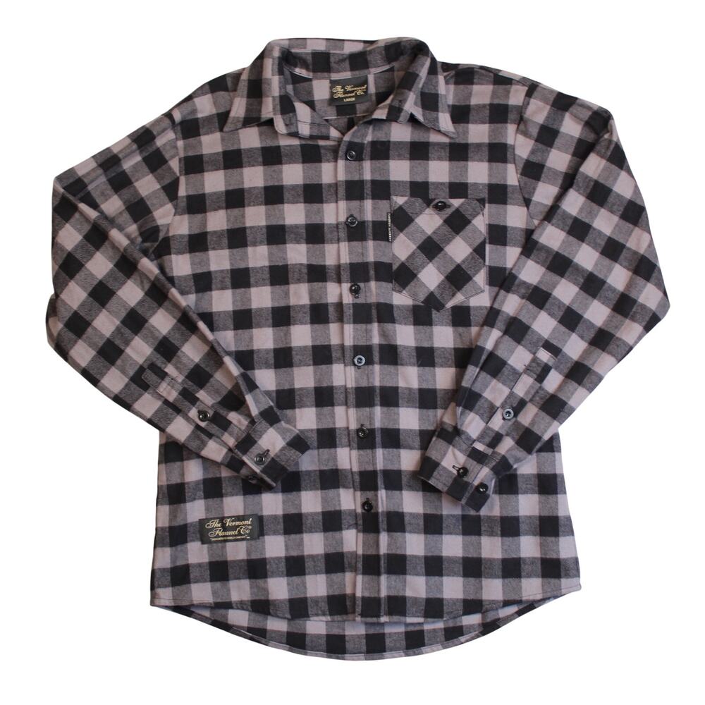 Vermont Flannel Co Shirt Mens Large Gray Black Buffalo Plaid Organic Cotton